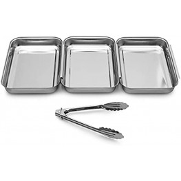 Big Hit LLC Breading Trays Set of 3 Stainless Steel Overlapping Linking Rims For Preparing Bread Crumb Dishes; Panko Schnitzel and Fish Complete with Stainless Steel Tong