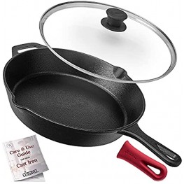 Cast Iron Skillet with Lid 12"-Inch Frying Pan + Glass Lid + Heat-Resistant Handle Cover Pre-Seasoned Oven Safe Cookware Indoor Outdoor Use Grill BBQ Camping Fire Stovetop Induction Safe