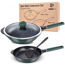 Set of 2 Non-Stick Pots & Pans,11'' Frying Pan with 12.5'' Chinese Wok Induction Compatible Aluminum Woks & Stir-Fry Pans with Flat Bottom FOA Free Dishwasher-Safe Cookwares with Lid