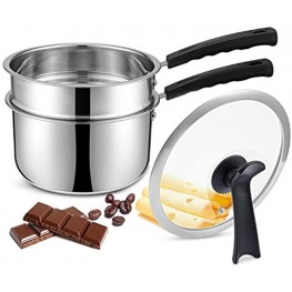 Double Boilers&Classic Stainless Steel Non-Stick Saucepan,Steam Melting Pot for Candle,Butter,Chocolate,Cheese,Caramel and Bonus with Tempered Glass Lid