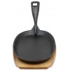 Ebros Personal Sized 9.5Lx5.5W Cast Iron Sizzling Fajita Skillet Japanese Steak Plate With Handle and Wooden Base For Restaurant Home Kitchen Cooking Accessory For Pan Grilling Meats Seafood