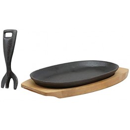 Ebros Personal Sized 9.5"Lx5.5"W Cast Iron Sizzling Fajita Skillet Japanese Steak Plate With Handle and Wooden Base For Restaurant Home Kitchen Cooking Accessory For Pan Grilling Meats Seafood