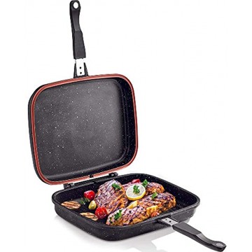 Korkmaz Duplo Nonstick Frying Pans Grill Pan Double Sided Omelette and Pancake Pan Fish Grill Skillet BBQ Grill Pan for Indoor and Outdoor 13.7 in BLACK