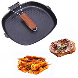 PaWuKi Grill Pan 11'' Portable Nonstick Frying Pan for Steak Fish and BBQ Induction Compatible BBQ Grill Pan with Pour Spouts Indoor Rectangle BBQ Grilling Pan Folding Handles