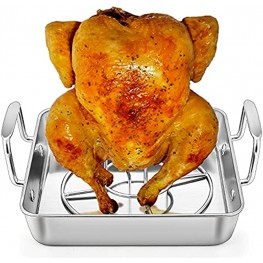 Stainless Steel Roasting Pan with Rack 9-inch Beer Can Chicken Pan & Rack P&P CHEF Chicken Roaster Pan Vertical Rack For Baking Grilling Thick Wire & Rivet Handle Heavy Duty & Dishwasher Safe