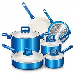 10 Pcs Pots and Pans Sets Nonstick Cookware Set Induction Pan Set Chemical-Free Kitchen Sets Saucepan Saute Pan with Lid Frying Pan Blue