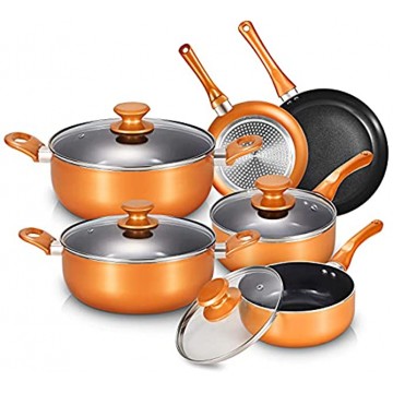 10 Pieces Pots and Pans Set,Aluminum Cookware Set Nonstick Ceramic Coating Fry Pan Stockpot with Lid Copper and Black