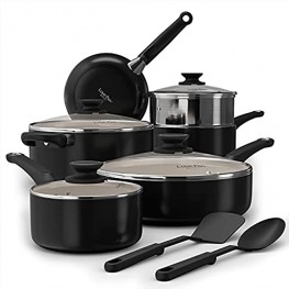 Cook Code Pots and Pans White Ceramic Coating Nonstick Aluminum Cookware Set with Glass Lids and Nylon Utensils Sauce Pan with Steamer PTFE PFOA Free 12-PCS Black