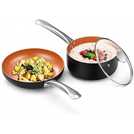 Copper Nonstick Cookware Set-10.5" Frying Pan and 3QT Saucepan Set with All Stove Tops Compatible Oven-Safe Ceramic Coating PFOA-free Stainless Steel Handle for Stew Boil Fry and Saute 3Pcs