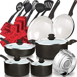 dealz frenzy 23-Piece Soft Grip Absolutely Healthy Ceramic Non-Stick Cookware Set with Stay Cool Silicone Handle,Oven&Dishwasher Safe Pots and Pans Set,Scratch Resistance,Metal Grey,Father's Day Gift