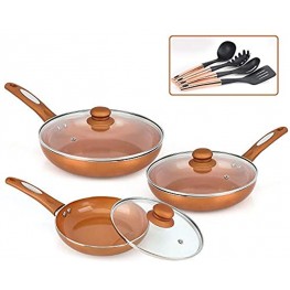 FGY 10 Pieces Frying Pan Set Nonstick Copper Pans Set with Induction Bottom 8 inch 9.5 inch & 11 inch Fry Pans with Lids & 4 Pieces Cooking Utensils Perfect for Frying Sauteing Searing Copper