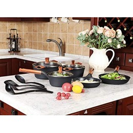 Kitchen Academy 12 Piece Nonstick Granite Stone Cookware Pots and Pans Set with 4 PC Silicone Hot Handle Holder Induction Set Dishwasher Safe