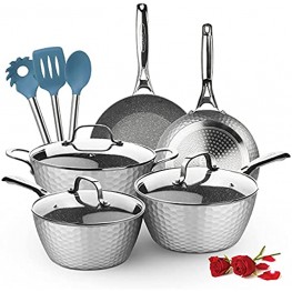 LovoIn Nonstick Cookware Set 11-Piece Hammered Kitchen Ware Pots & Pans Set Induction Cooking Pots Even Heating Pans Oven Stovetop Safe for Family Meals Grey