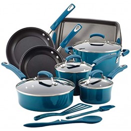 Rachael Ray Brights Nonstick Cookware Set Pots and Pans Set 14 Piece Marine Blue
