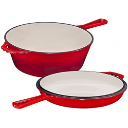 Enameled 2-In-1 Cast Iron Multi-Cooker – Heavy Duty Skillet and Lid Set Versatile Non-Stick Kitchen Cookware Use As Dutch Oven Or Frying Pan 5 Quart Red