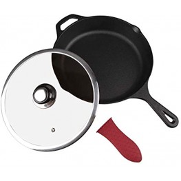 Yarlung 10 Inch Cast Iron Skillet with Glass Lid and Heat-Resistant Silicone Handle Pre-Seasoned Frying Pan Safe Cooker for Oven Induction Grill Stovetop Pizza Sauteing Black