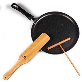 Black Crepe Pan With PFOA Free Nonstick Coating Made in Europe MarbTech Pan for Egg Omelet and Flat Pancake Dishwasher Safe 10.23 with Wooden Crepe Spreader and Spatula Set