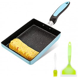 Japanese Tamagoyaki Omelette Egg Pan（blue） 7 x 6 inch Non-stick Coating Retangle Small Frying Pan Gas Stove and Induction Hob Compatible Dishwasher Safe with Silicone Spatula & Brush（green