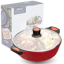 Slitree Double-Flavor Die Cast Alum Hot Pot Shabu Shabu Pot with Divider&Tempered Glass Lid,Nonstick Granite Coating,Easy Cleaning Dishwasher Safe for Family Party,11.8in Diameter 4.4 Quart Red