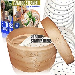 10" Bamboo Steamer  2 Tiers & Lid by Cuisine Natural -Incl. 20 Bonus Liner Papers | Made w  Non Toxic Glue | Dim Sum Meat & Dumpling Steam Cooker Set | Great For Rice Crab & Veggies