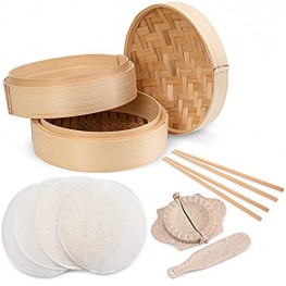 Annie’s Kitchen Premium 10 Inch Handmade Bamboo Steamer Baskets Lid Dumpling Maker with Spoon-4 Reusable Cotton Liners-2 sets Chopsticks- For Rice Vegetables Fish Meat & Desserts 10 Inch- 2 Tiers