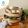 Atlas Lion Kitchen Bamboo Steamer 12 inch Chinese Steamer Set For Steamer Cooking With 2 Steamer Baskets 2 Pairs of Chopsticks Sauce Holder 20 Liners Recipe Book | Steamer Bamboo Cooking Gift Set