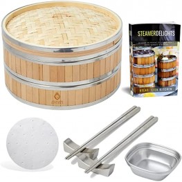 Atlas Lion Kitchen Bamboo Steamer 12 inch Chinese Steamer Set For Steamer Cooking With 2 Steamer Baskets 2 Pairs of Chopsticks Sauce Holder 20 Liners Recipe Book | Steamer Bamboo Cooking Gift Set
