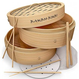 Bamboo Bimbi Chinese Steamer Basket Traditional 10 Inch Bamboo Steamer Basket for Cooking Healthy Food in 2 Tiers Simultaneously Bun Dim Sum and Dumpling Steamer with Chopsticks Tong and Liners