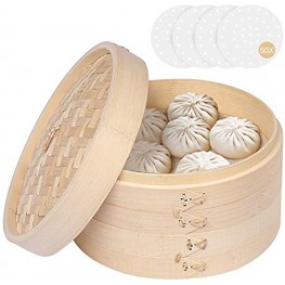 Bamboo Steamer 10 Inch Dumpling Steamer Basket Two Tier Baskets with 50pcs Liners Dim Sum Steamer & Bao Bun Chinese Steamers For Cooking Vegetables Fish Meat Chicken Veggies Rice,Asian Steamer