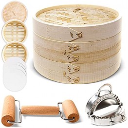 Bamboo Steamer 10 inch with Premium Rolling Pin Dumpling Mold Cutter & Reusable liners Sturdy Frozen Food Steamer Basket Bamboo to cook fish veggie It preserves nutrients Dumpling Maker Kit