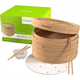 Bamboo Steamer Basket by bUnusual 10 Inch Dumpling Steamer with 2 Pairs of Chopsticks Sauce Dish and 50 Liners 2 Tier Design Ideal for Cooking Nutritious Vegetables Meat Fish Rice and Dim Sum