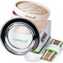 Cleanclue Bamboo Steamer Basket 10 inch and Sushi Roller Set for Cooking Asian FoodKorean Japanese and Chinese Dumpling Bao Bun Dim Sum with Steamer Ring 20 liner 2 Chopsticks and Sauce Dish