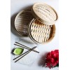 Premium 10 Inch Handmade Bamboo Steamer Two Tier Baskets Dim Sum Dumpling & Bao Bun Chinese Food Steamers Steam Baskets For Rice Vegetables Meat & Fish Included 2 Sets Chopsticks 20 Liners & Sauce Dish