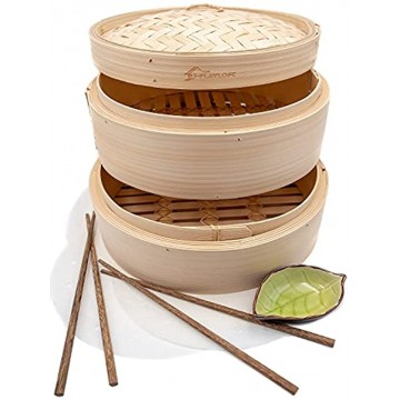 Premium 10 Inch Handmade Bamboo Steamer Two Tier Baskets Dim Sum Dumpling & Bao Bun Chinese Food Steamers Steam Baskets For Rice Vegetables Meat & Fish Included 2 Sets Chopsticks 20 Liners & Sauce Dish