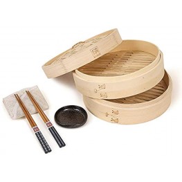 SIUMUN Natural Bamboo Steamer Set 10 Handmade Cookware 2-Tier Basket Included 2 Pair of Chopsticks 2 Cotton Liners & Sauce Dish