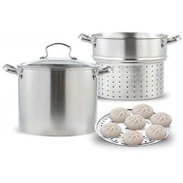 Stainless Steel Pasta Pot Cooker Steamer Pot 9 Quart Steaming Cookware Boiler Set with Steamer Basket and Glass Lid