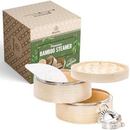 Two Tier Bamboo Steamer Gift Set 10 Inch Bamboo Steamer Basket with Dish Lip Dumpling Steamer with Extra Dumpling Mold Asian Steam Basket for Cooking Bao Bun Dim Sum Chinese and Japanese Food