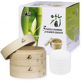 Yuho Asian Kitchen 6 Inch Bamboo Steamer Basket Individually Box 2 Tiers & Lid 10 Parchment Liners Perfect For Steaming Dumplings Vegetables Meat Fish Rice