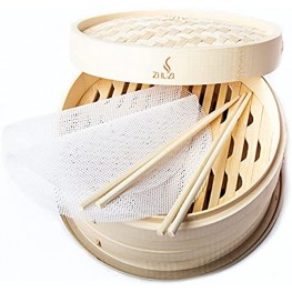 Zhuzi 10 inch Bamboo Steamer for Cooking 2 Tier Steamer Basket with 2 Silicone Liners 2 Pairs of Chopsticks and Adapter Ring