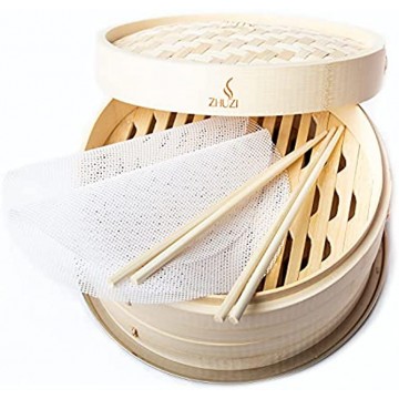 Zhuzi 10 inch Bamboo Steamer for Cooking 2 Tier Steamer Basket with 2 Silicone Liners 2 Pairs of Chopsticks and Adapter Ring