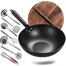 Anyfish Carbon Steel Wok Pan 12.5" Woks and Stir Fry Pans with Lid No Chemical Coated Chinese Wok Flat Bottom Wok Set with 8 Utensils Cookware Accessories for All Stoves
