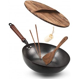 Bielmeier Wok Pan 12.5" Woks and Stir Fry Pans with lid Carbon Steel Wok with Cookware Accessories Wok with Lid Suits for all StovesFlat Bottom Wok