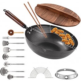 Carbon Steel Wok Pan 13 PCS Wok Set 13" Stir Fry Pan with Wooden Lid & Handle Chinese Wok with Wok Utensils Cookware Accessories Suitable for All Stoves