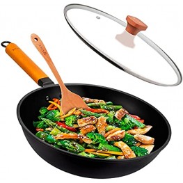 IAXSEE Wok Pan with Lid Nonstick Electric Wok 12 Inch Flat Bottom Wok Chinese Iron Wok with Detachable Wood Handle& Wood Spatula Flat Bottom Wok Electric Wok for Electric Induction and Gas Stoves