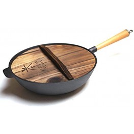 Kasian House Cast Iron Wok with Wooden Handle and Lid Pre-Seasoned 12" Diameter Chinese Wok with Flat Bottom Heavy Duty Stir Fry Pan