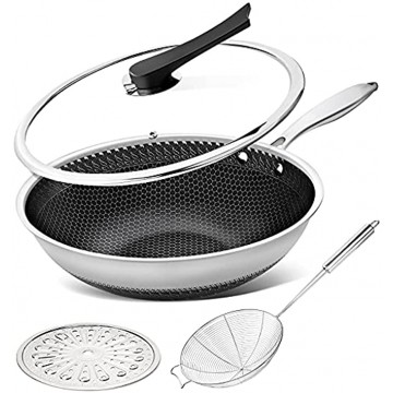 MICHELANGELO Stainless Steel Wok with Lid Nonstick Wok Pan 12 Inch Woks & Stir-fry Pans with Honeycomb Coating Flat Bottom Wok Induction Wok Set with Spider Strainer & Steaming Rack 4 Piece