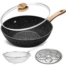 Nonstick Wok and Stir Fry Pans with Lid 5 Quart Nonstick Wok Pan with Lid Flat Bottom Wok Nonstick Wok set with Wok Accessories Frying Basket & Steam Rack Wok for Induction Cooktop