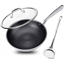 Potinv 12.5" Stainless Steel Wok Nonstick Stir Fry Pan with Lid and Spatula Induction Compatible Scratch Resistant Dishwasher and Oven Safe