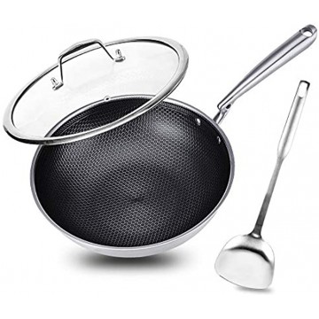 Potinv 12.5 Stainless Steel Wok Nonstick Stir Fry Pan with Lid and Spatula Induction Compatible Scratch Resistant Dishwasher and Oven Safe