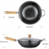 Wok Pan with Lid 13 inch Scratch Resistant Stir Fry Pan with Detachable Wood Handle No Coating High Carbon Steel Chinese Iron Pot Oven Safe
